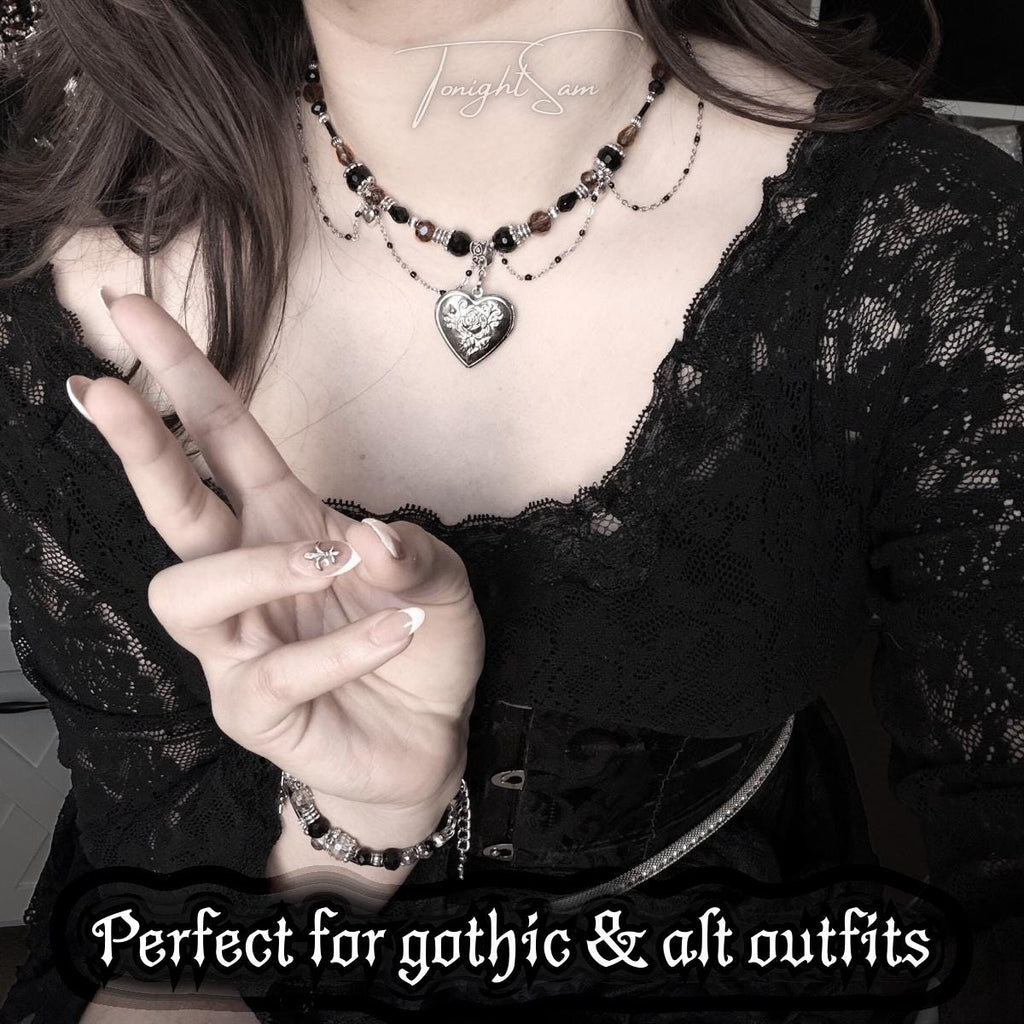 Gothic Valentine Heart Locket Necklace, Victorian Beaded Pendant Choker, Dark Romantic Personalized Jewelry