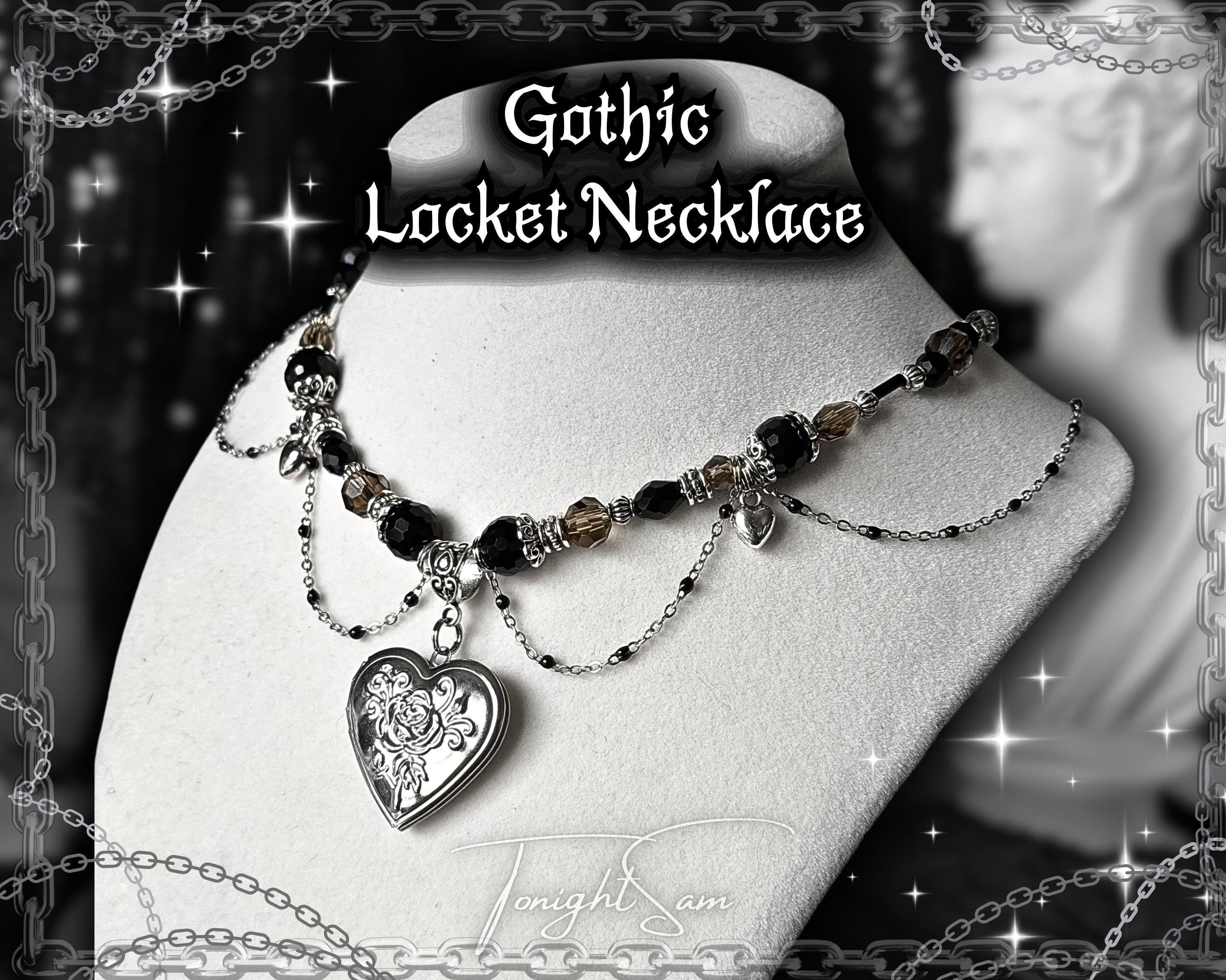 Gothic Valentine Heart Locket Necklace, Victorian Beaded Pendant Choker, Dark Romantic Personalized Jewelry