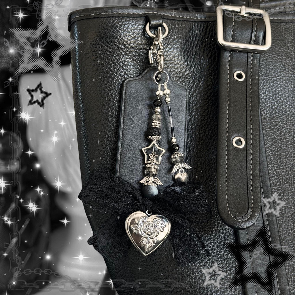 Gothic Cross Locket Keychain, Lace Bow Vampire Y2K Bag Charm, Black Alt Accessory
