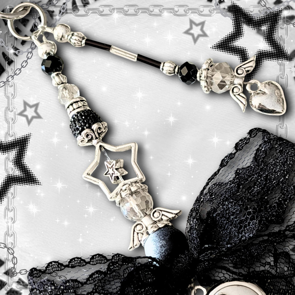 Gothic Cross Locket Keychain, Lace Bow Vampire Y2K Bag Charm, Black Alt Accessory