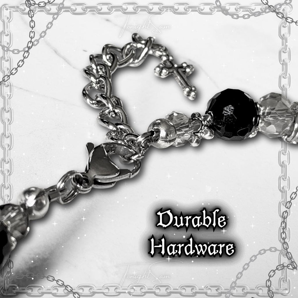 Gothic Cross Pendant Necklace, Black Beaded Chain Choker, Dark Romantic Victorian Statement Jewelry