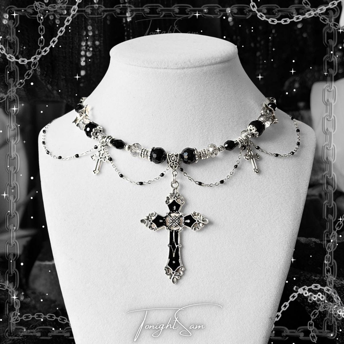 Gothic Cross Pendant Necklace, Black Beaded Chain Choker, Dark Romantic Victorian Statement Jewelry
