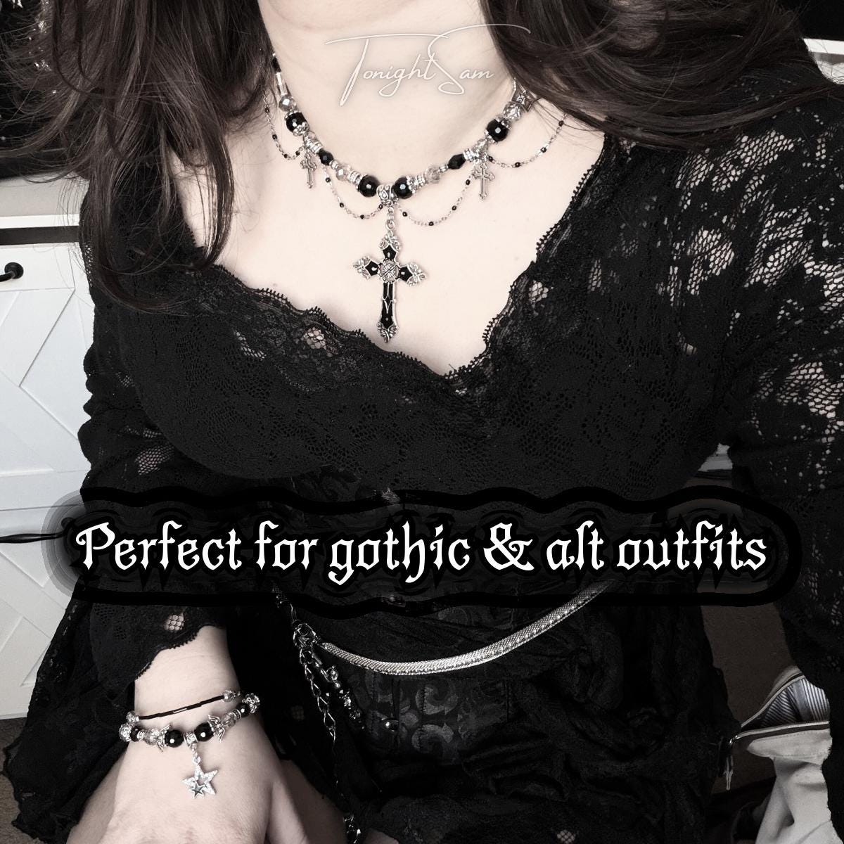 Gothic Cross Pendant Necklace, Black Beaded Chain Choker, Dark Romantic Victorian Statement Jewelry