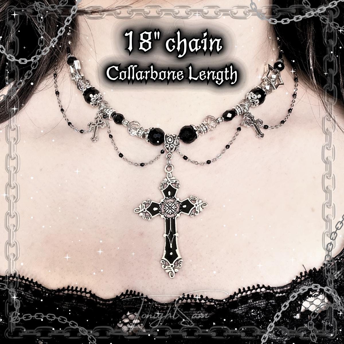 Gothic Cross Pendant Necklace, Black Beaded Chain Choker, Dark Romantic Victorian Statement Jewelry