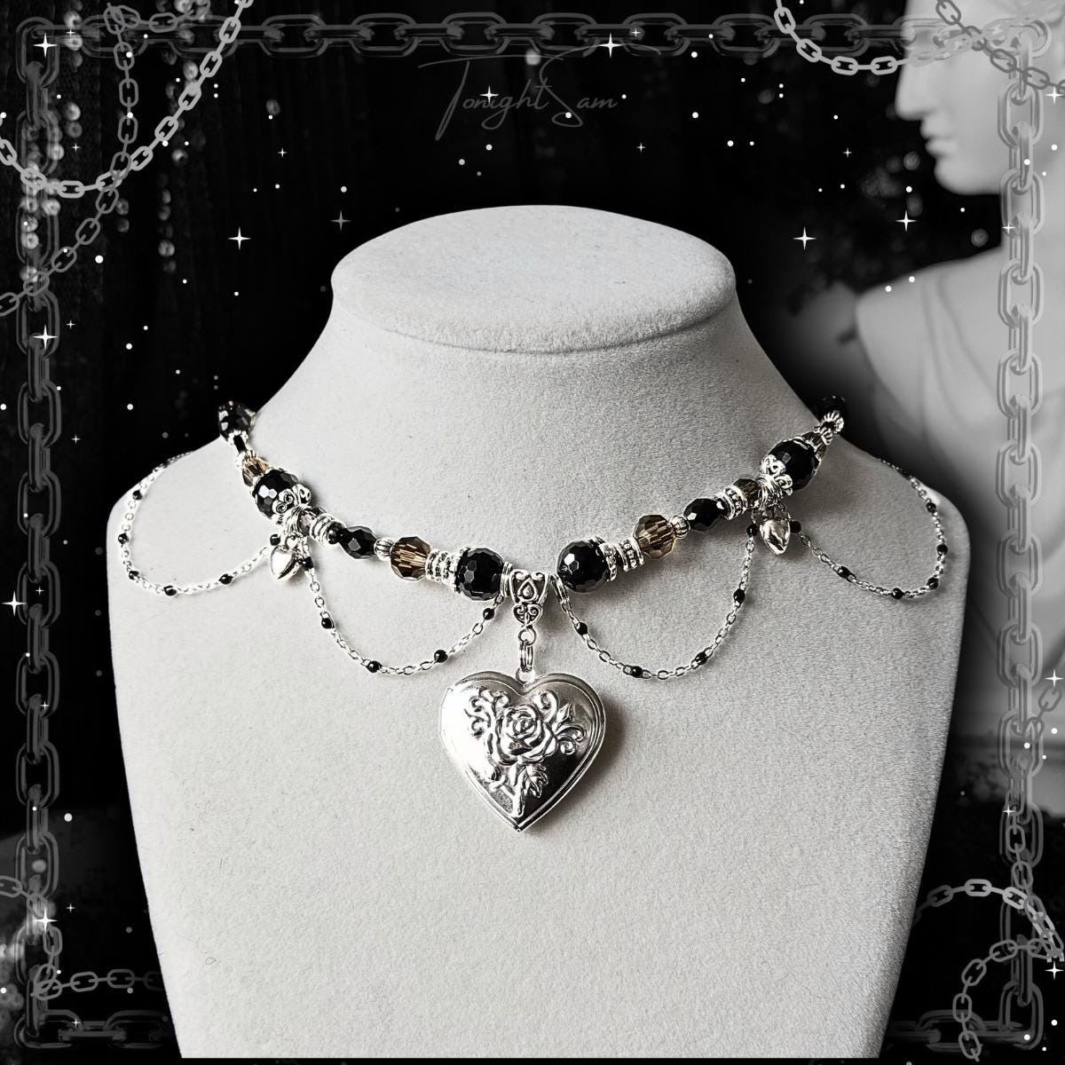 Gothic Valentine Heart Locket Necklace, Victorian Beaded Pendant Choker, Dark Romantic Personalized Jewelry