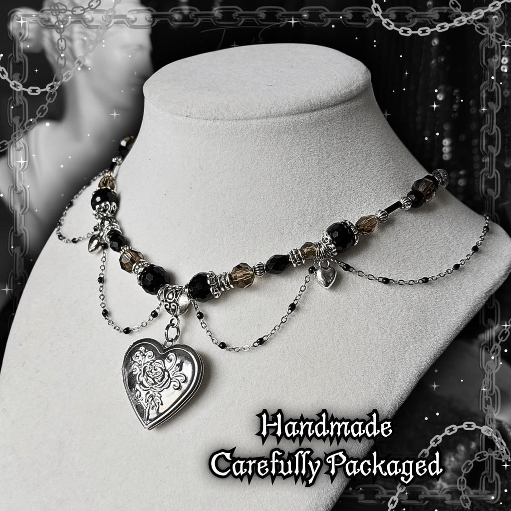 Gothic Valentine Heart Locket Necklace, Victorian Beaded Pendant Choker, Dark Romantic Personalized Jewelry